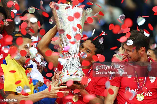 Carlos Bacca of Sevilla celebrates victory with the trophy after the UEFA Europa League Final match between FC Dnipro Dnipropetrovsk and FC Sevilla...