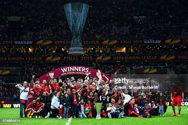 Sevilla players celebrate victory with the trophy after the UEFA Europa League Final match between FC Dnipro Dnipropetrovsk and FC Sevilla on May 27,...