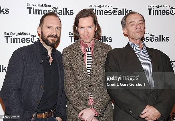 Actor Ralph Fiennes, director Wes Anderson and moderator David Carr attend TimesTalk Presents An Evening With Wes Anderson And Ralph Fiennes at The...