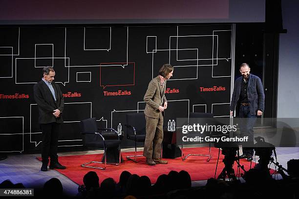 Moderator David Carr, director Wes Anderson and actor Ralph Fiennes attend TimesTalk Presents An Evening With Wes Anderson And Ralph Fiennes at The...