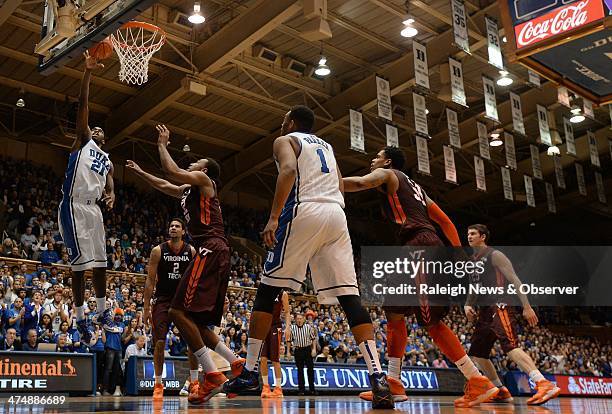 Duke's Amile Jefferson goes up for a second-half basket against Virginia Tech's Jarell Eddie at Cameron Indoor Stadium in Durham, N.C., on Tuesday,...