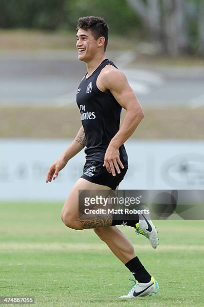 Marley Williams runs during a Collingwood Magpies AFL training session at the Southport Football Club on February 26, 2014 on the Gold Coast,...