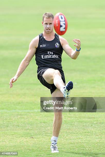 Nick Maxwell kicks the ball during a Collingwood Magpies AFL training session at the Southport Football Club on February 26, 2014 on the Gold Coast,...