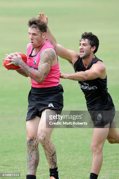 Dane Swan marks the ball during a Collingwood Magpies AFL training session at the Southport Football Club on February 26, 2014 on the Gold Coast,...