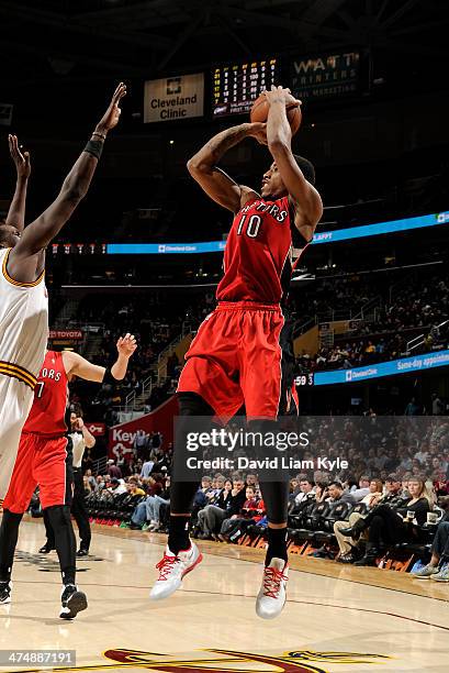 DeMar DeRozan of the Toronto Raptors goes up for the shot against Luol Deng of the Cleveland Cavaliers at The Quicken Loans Arena on February 25,...