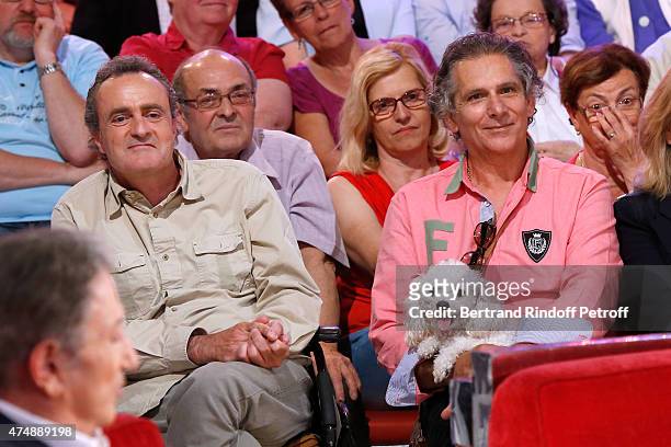 Son of Michele Torr, Romain Vidal and Husband of Michele Torr, Jean-Pierre Murzilli attend the 'Vivement Dimanche' French TV Show at Pavillon Gabriel...