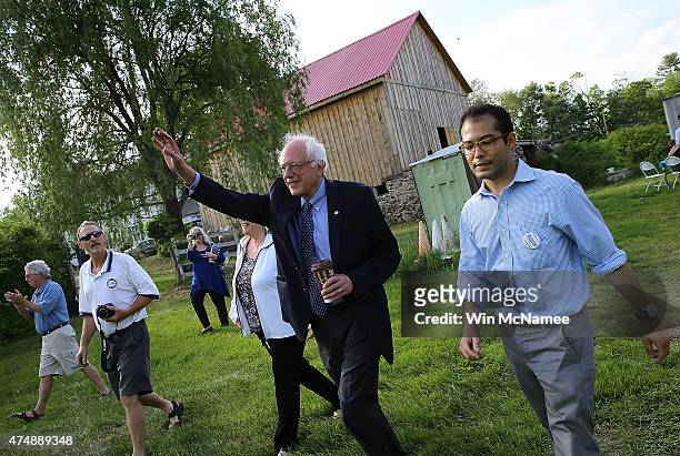 Democratic presidential candidate and U.S. Sen. Bernie Sanders arrives at a house party campaign event at the home of Kathryn Williams and Brant...