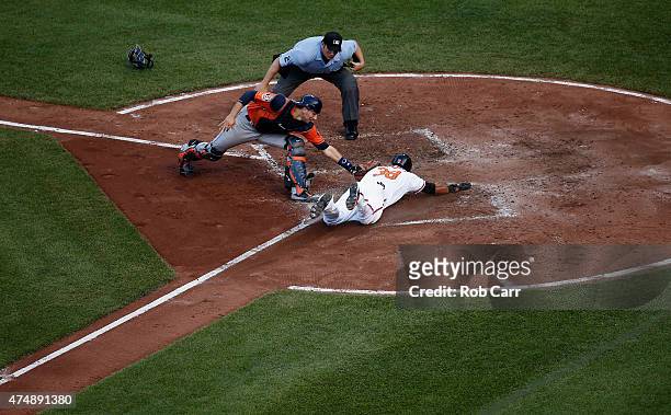 Home plate umpire Dan Bellino looks on as Jimmy Paredes of the Baltimore Orioles safely steals home plate under the tag of catcher Jason Castro of...