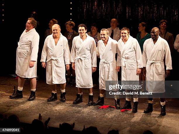 Roger Morlidge, Simon Rouse, Kenny Doughty, Keiran O'Brian, Craig Gazey and Sidney Cole during the curtain call on the press night performance of...