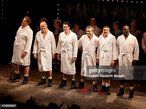 Roger Morlidge, Simon Rouse, Kenny Doughty, Keiran O'Brian, Craig Gazey and Sidney Cole during the curtain call on the press night performance of...