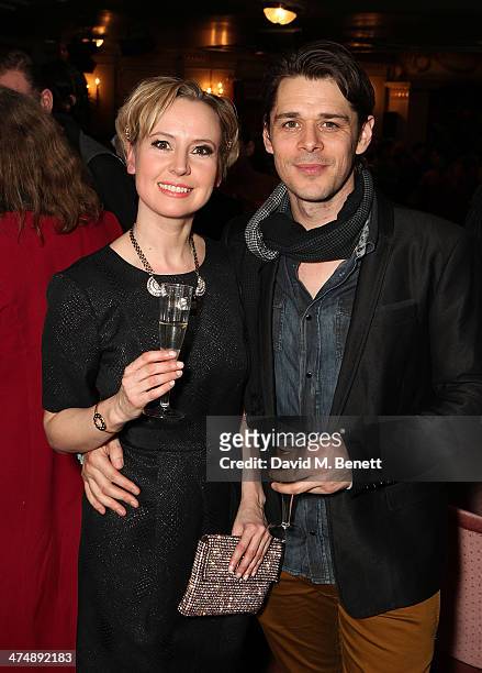 Caroline Carver and Kenny Doughty attend an after party inside the Noel Coward Theatre following the press night performance of "The Full Monty" on...