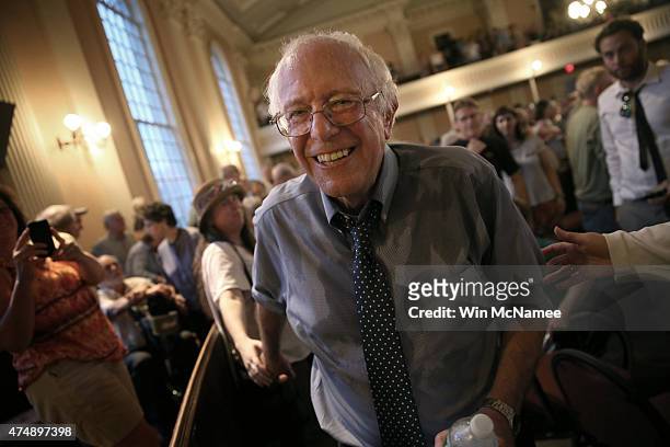 Democratic presidential candidate and U.S. Sen. Bernie Sanders finishes greeting supporters following a packed town meeting at the South Church May...