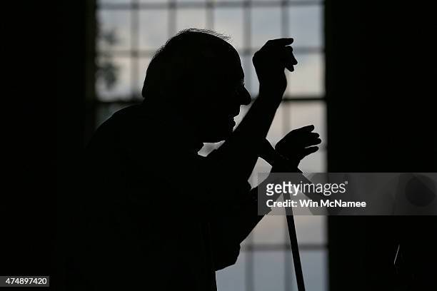 Democratic presidential candidate and U.S. Sen. Bernie Sanders speaks during a town meeting at the South Church May 27, 2015 in Portsmouth, New...