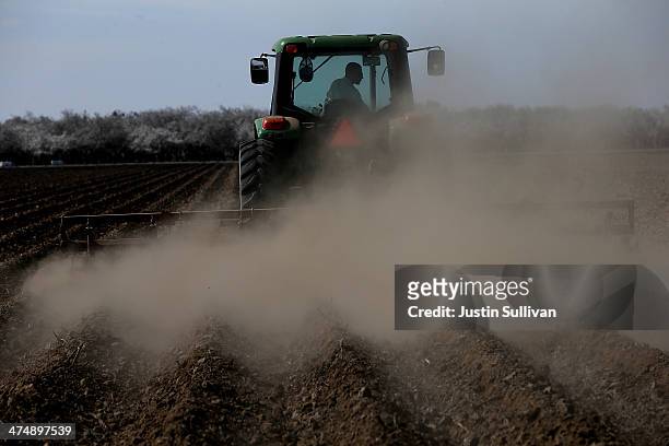 Tractor plows a field on February 25, 2014 in Firebaugh, California. Almond farmer Barry Baker of Baker Farming had 1,000 acres, 20 percent, of his...