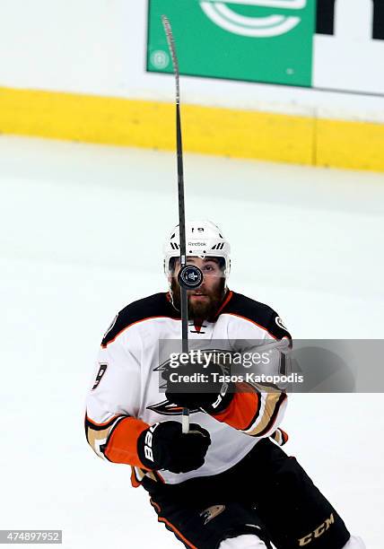 Patrick Maroon of the Anaheim Ducks watches a loose puck in the first period of Game Six of the Western Conference Finals against the Chicago...