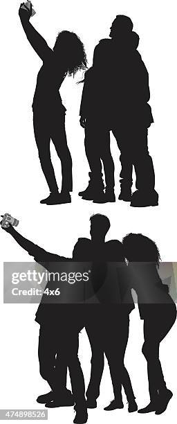 stockillustraties, clipart, cartoons en iconen met group of friends taking pictures - selfie