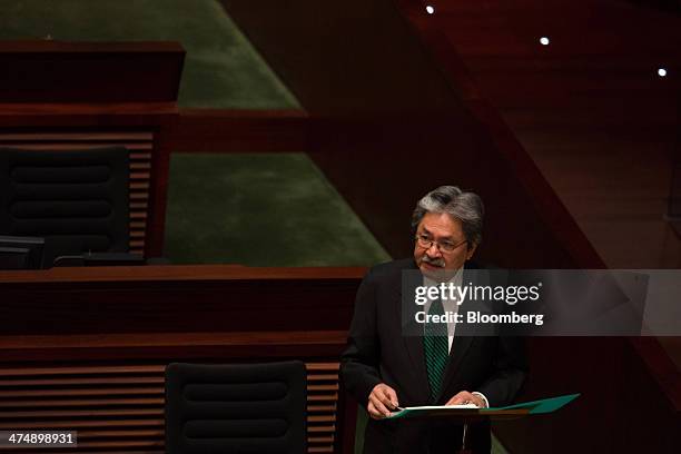 John Tsang, Hong Kong's financial secretary, delivers his budget speech at the Legislative Council in Hong Kong, China, on Wednesday, Feb. 26, 2014....