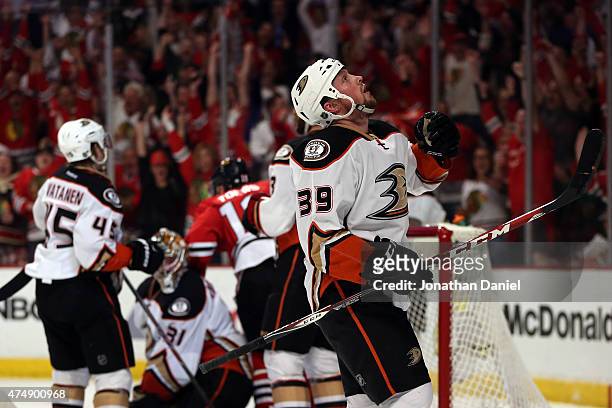 Matt Beleskey of the Anaheim Ducks reacts to a second period goal by Patrick Kane of the Chicago Blackhawks in Game Six of the Western Conference...