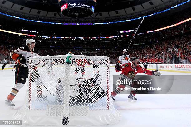 Jonathan Toews of the Chicago Blackhawks reacts to a second period goal scored by Brandon Saad against the Anaheim Ducks in Game Six of the Western...