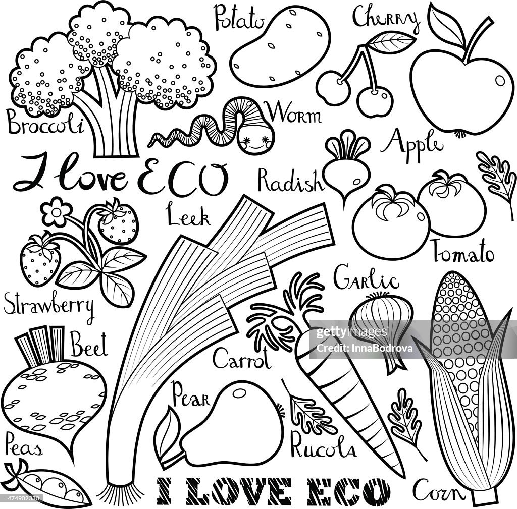 I Love ECO. Fruit  and Vegetables with Lettering