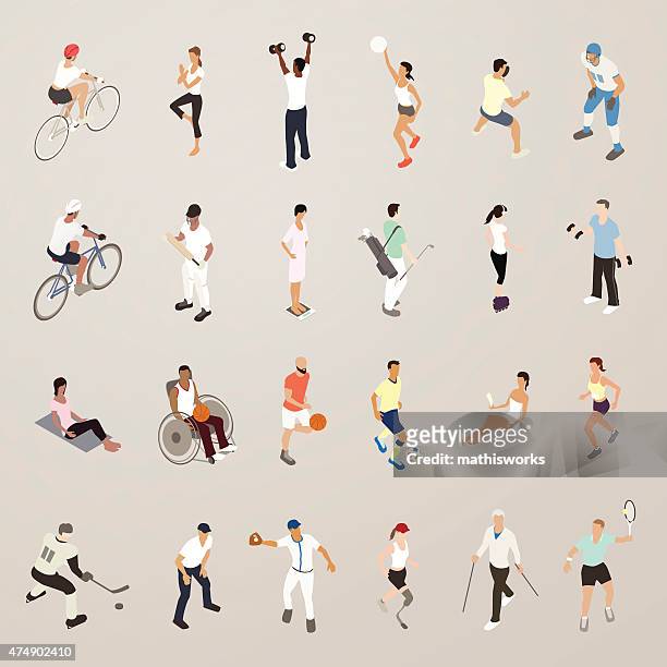 ilustraciones, imágenes clip art, dibujos animados e iconos de stock de deportes y fitness personas-iconos de plano medio - exercising stock illustrations