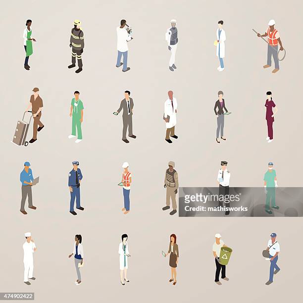 illustrazioni stock, clip art, cartoni animati e icone di tendenza di persone al lavoro-icone piatto illustrazione - assonometria