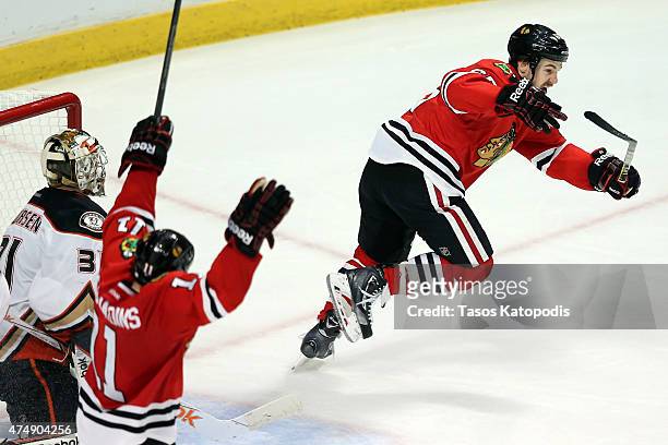 Andrew Shaw of the Chicago Blackhawks celebrates a third period goal against the Anaheim Ducks in Game Six of the Western Conference Finals during...
