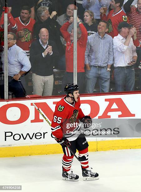 Andrew Shaw of the Chicago Blackhawks celebrates a third period goal against the Anaheim Ducks in Game Six of the Western Conference Finals during...