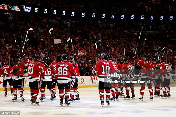 The Chicago Blackhawks salute the crowd after defeating the Anaheim Ducks 5-2 in Game Six of the Western Conference Finals during the 2015 NHL...