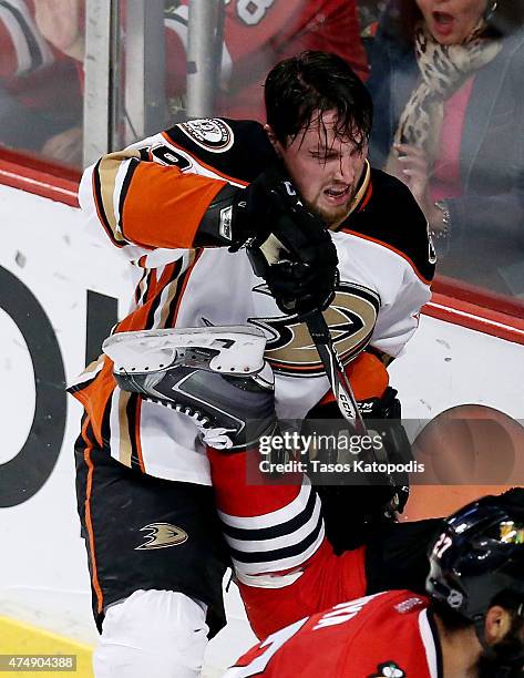 Matt Beleskey of the Anaheim Ducks skates without a helmet against the Chicago Blackhawks in Game Six of the Western Conference Finals during the...