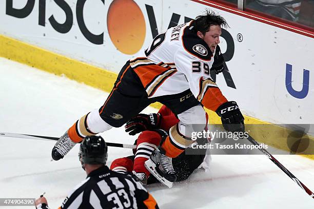 Matt Beleskey of the Anaheim Ducks skates without a helmet against the Chicago Blackhawks in Game Six of the Western Conference Finals during the...