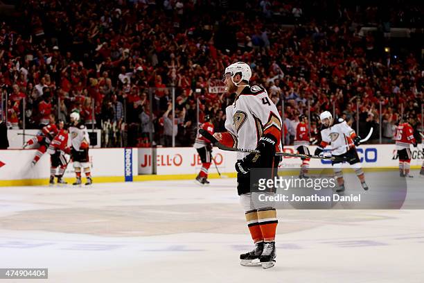Cam Fowler of the Anaheim Ducks skates off the ice after losing to the Chicago Blackhawks 5-2 in Game Six of the Western Conference Finals during the...