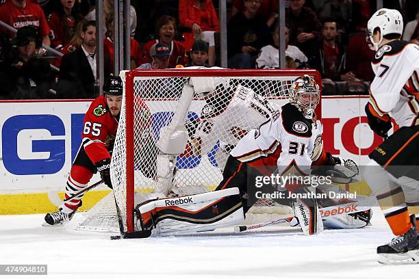 Frederik Andersen of the Anaheim Ducks makes a save against Andrew Shaw of the Chicago Blackhawks in Game Six of the Western Conference Finals during...