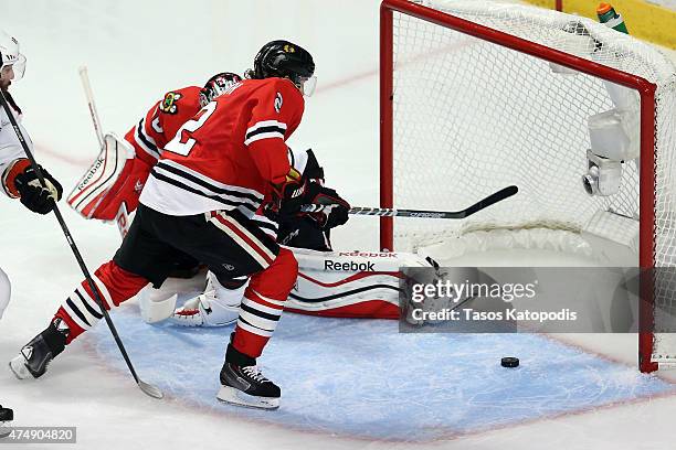 Duncan Keith of the Chicago Blackhawks saves the puck from going in against the Anaheim Ducks in Game Six of the Western Conference Finals during the...