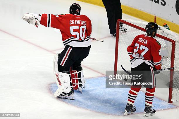 Corey Crawford of the Chicago Blackhawks reacts against the Anaheim Ducks in Game Six of the Western Conference Finals during the 2015 NHL Stanley...