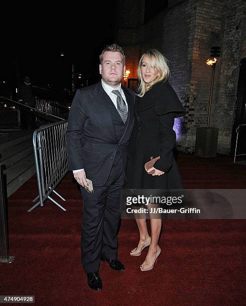 James Corden and Julia Carey are seen arriving at the 'Les Miserables' premier after party on December 06, 2012 in London, United Kingdom.