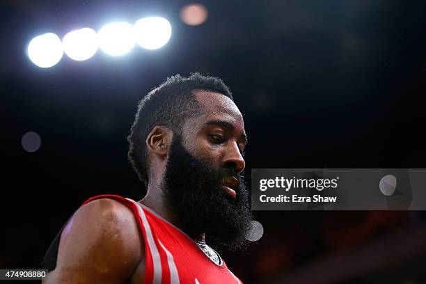 James Harden of the Houston Rockets reacts in the second half against the Golden State Warriors during game five of the Western Conference Finals of...