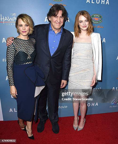 Rachel McAdams, Emma Stone, Cameron Crowe arrives at the "Aloha" - Los Angeles Premiere at The London West Hollywood on May 27, 2015 in West...