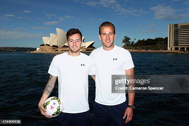 Ryan Mason and Harry Kane of Tottenham pose during a Tottenham Hotspur Official Arrival Media Conference at Overseas Passenger Terminal on May 28,...