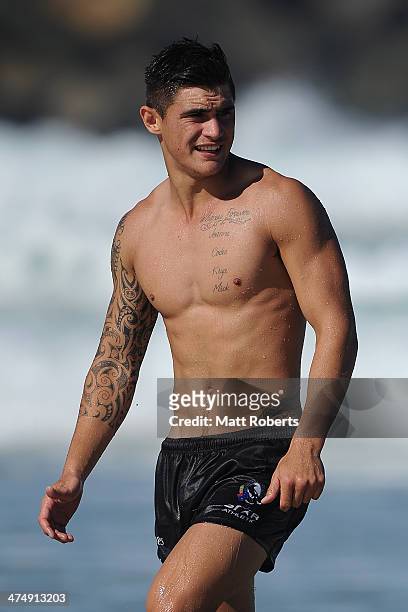 Marley Williams looks on during a Collingwood Magpies AFL beach session at the Southport Spit on February 26, 2014 on the Gold Coast, Australia.