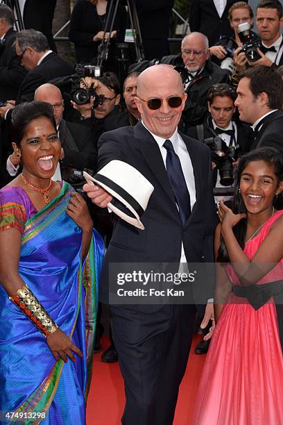 Kalieaswari Srinivasan, Jacques Audiard and Claudine Vinasithamby attend the 'Dheepan' Premiere during the 68th annual Cannes Film Festival on May...