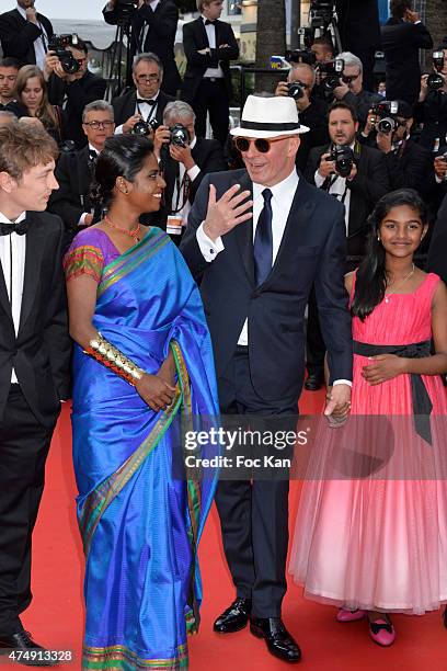 Kalieaswari Srinivasan, Jacques Audiard and Claudine Vinasithamby attend the 'Dheepan' Premiere during the 68th annual Cannes Film Festival on May...