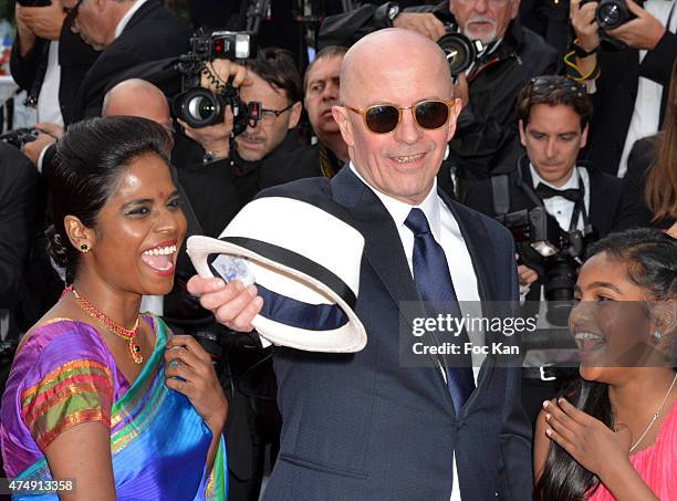 Kalieaswari Srinivasan, Jacques Audiard and Claudine Vinasithamby attend the 'Dheepan' Premiere during the 68th annual Cannes Film Festival on May...