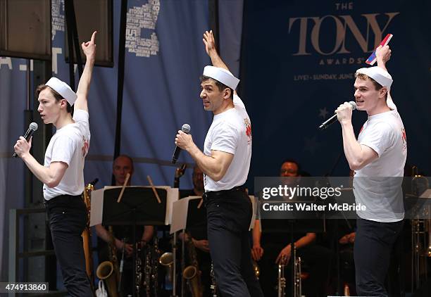 Cory Lingner, Tony Yazbeck and Jay Armstrong Johnson from 'On The Town' perform at United presents 'Stars in the Alley' in Shubert Alley on May 27,...