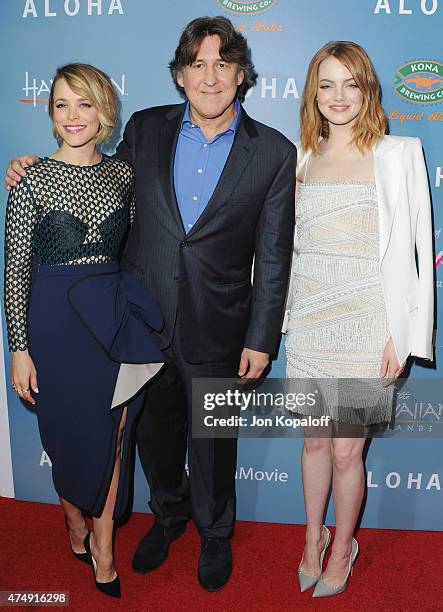 Actress Rachel McAdams, director Cameron Crowe and actress Emma Stone arrive at the Los Angeles Premiere "Aloha" at The London West Hollywood on May...