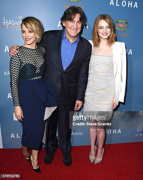 Rachel McAdams, Emma Stone, Cameron Crowe arrives at the "Aloha" - Los Angeles Premiere at The London West Hollywood on May 27, 2015 in West...