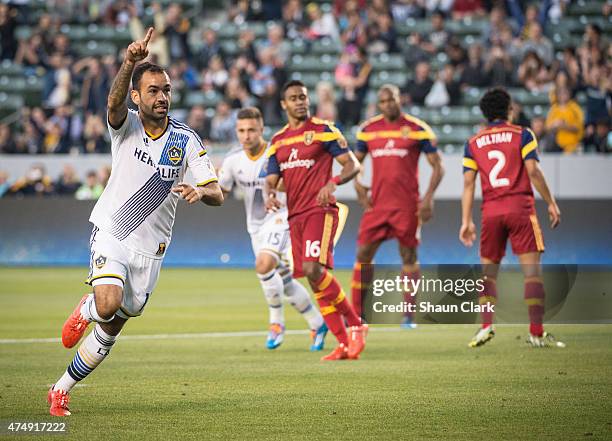 Juninho of Los Angeles Galaxy celebrates his game winning penalty kick during the first half of the Los Angeles Galaxy's match against Real Salt Lake...