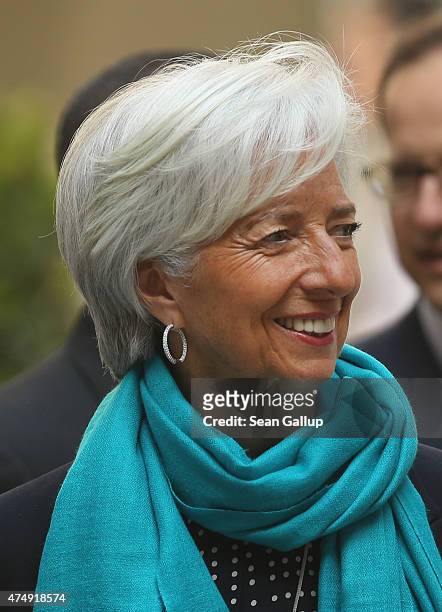 Christine Lagarde, Managing Director of the International Monetary Fund , arrives for a symposium during a meeting of finance ministers of the G7...