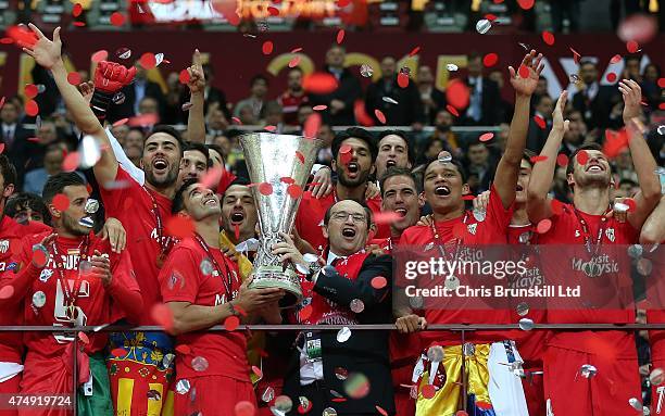 Sevilla President Jose Castro lifts the trophy following the UEFA Europa League Final match between FC Dnipro Dnipropetrovsk and FC Sevilla at the...