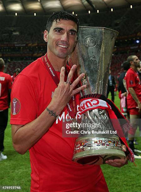 Jose Antonio Reyes of FC Sevilla celebrates with the trophy following the UEFA Europa League Final match between FC Dnipro Dnipropetrovsk and FC...